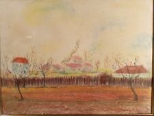 QUADRO DISEGNO A PASTELLI SU CARTA PAESAGGIO AUTUNNALE FIRMATO ANNI 80 VINTAGE