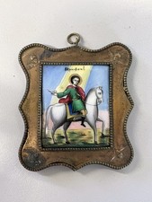 ANTICA ICONA RUSSA smaltata OTTONE XIX sec SAN TRIFONE il FALCO 6,5x7 cm RARA