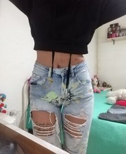 Jeans Donna Vita Medio Alta Strappi Fiori Xs 