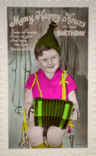 Postcard Young Boy Child Accordeon Portrait Birthday Hand Colored 1930's RPPC