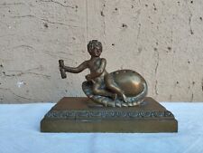 ANTICO XIX sec FERMACARTE PORTA-PENNINI IN BRONZO SCULTURA PUTTO DIFETTI