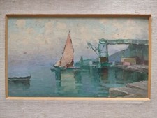 Dipinto olio masonite Antonio Madonna marina cant. navale Castellamare di Stabia