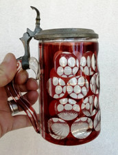 Antico boccale birra con coperchio in peltro XIX sec Boemia Biedermeier integro