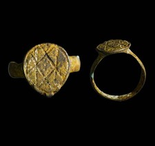 Anello romano in bronzo con lunetta a griglia incrociata, Giudea (ritrovamento di Gerusalemme) antichità COA