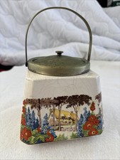 Barattolo biscotti inglese Flosmaron anni '30. Casetta/Giardino a tema