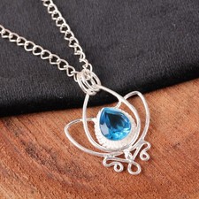 Swiss Blue Topaz Gemstone 925 Sterling Silver Lotus Pendant Handmade Jewelry