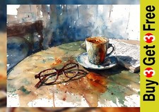 Mattina Caffè e Bicchieri 5"x7" Stampa su Carta Opaca | Acquerello Caldo Tavola Arte
