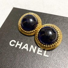 Orecchini Chanel Gripoix Vetro Pietre Colore Oro Blu Clip-On Vintage MAa0208