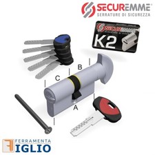 Cilindro Europeo di Sicurezza SECUREMME K2 con Pomolo 5 Chiavi + Chiave Cantiere