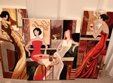 SET PIASTRELLE arte caffè bistrot modernista donna scena smaltata ceramica decorazione wine bar