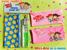 Vintage 1980 BOB & JEAN school Stationery 3 Pencil Case + Eraser Ruler Sharpener
