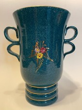 VASO CERAMICA VERDE E ORO ANNI 40 CON MANICI E BASE POLILOBATI