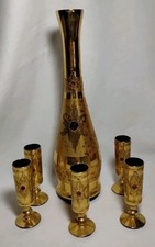 SET DECANTER E FLAUTO LIQUORE VETRO BLU COBALTO ORO VENEZIANO