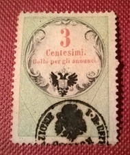 1854 REGNO^LOMBARDO VENETO  SPLENDIDA  MARCA BOLLO per ANNUNCI c.3 RARA R cat 1