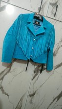 Giacca western con frange in camoscio turchese - stile cowboy da donna