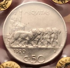 50 Centesimi 1920 Leoni Rigato, Vittorio Emanuele III, Perizia qSPL, Rif. 2856