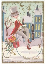 1963 bambino bicicletta d'epoca pacco regalo cartolina Buon Natale vintage