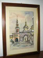 QUADRO Acquerello Paesaggio con neve firmato Belfiore Cornice in legno - vintage