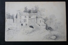 BELLISSIMO DISEGNO ORIGINALE A MATITA XIX° PAESAGGIO MONTAGNA CASA SCUOLA FRA...