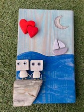 Quadro GnomoWood legno handmade 18x29 mare coppia luna cuori San Valentino '25