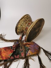 antico tamburo a mano tibetano KAPALA tamburo intarsiato bronzo e argento RARO