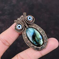 Ciondolo gufo avvolto in filo di labradorite fatto a mano rame regalo San Valentino 2,24"