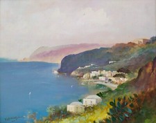 Dipinto olio V. Laricchia Veduta del paesaggio marino della Costiera Sorrentina originale firmato