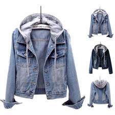 Cappotto Lungo Blu Denim Giacca Donna Maniche ☋ Jeans con Cappuccio Casual Top