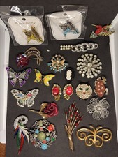 Lotto spille uccellino farfalla floreale animale strass oro costume vintage