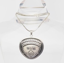 Collana Con Maschera Faciale Tribale In Argento Sterling Vintage Firmata Taxco