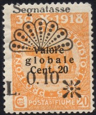 FIUME 1921 -29zd- Segnatasse MLH*  0,10 Lire su 20 c. grassetto DECALCO  #S#KFI