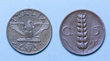 VITTORIO EMANUELE III 5 CENTESIMI 1937 SPIGA E 5 CENTESIMI 1943 A.XXI IMPERO SPL