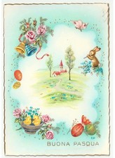 1962 Edi cartolina Pasqua uova pulcini coniglio fiori campane chiesa campagna