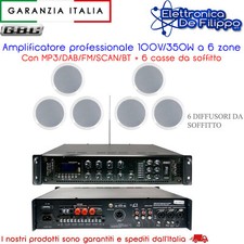 Amplificatore professionale 100V/350W a 6 zone MP3/DAB/FM/SCAN/BT con 6 casse