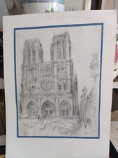Gino Croari Disegno A Matita Notre Dame Parigi 1973 Cm24x18