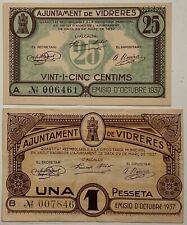 0,25 - 1 PESETA 1937 AJUNTAMENT DE VIDRERES ESPANA 2 BANCONOTE GUERRA CIVILE