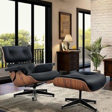Light Rosewood Lounge Chair & Ottoman Poltrona Club Poltrona Anilina Pelle Nero