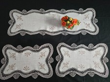 Set 3 centrini in lino canapa con ricamo fuselli a mano
