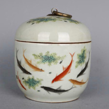 4.92" Chinese Famille Rose Porcelain Pot Qing Tongzhi Koi Carp Fish Tea Caddy