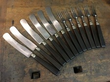 1880-90 SOLINGEN 6 posate da tavola 24 cm lame gobbe 21 cm tre zinchi ebano