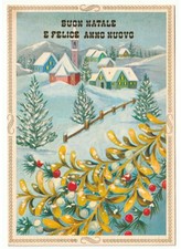 cartolina auguri Buon Natale neve paese di montagna vischio decorazione