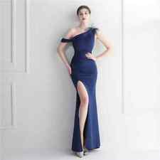 Vestito Abito Elegante Lungo Blu Aderente Spacco Strascico Evento 01869