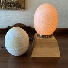 Artist Signed Ruth McCool Hand-Carved Etched Ostrich Eggs W/ Lighted Stand