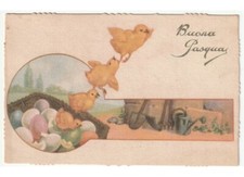 1941 cartolina d'epoca Buona Pasqua pulcini uova colorate attrezzi giardinaggio