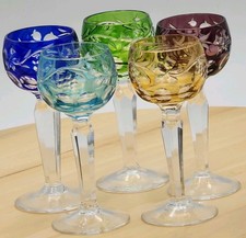 Set 5 Bicchieri Cordiali Bohemien Cristallo Ceco Vite Taglio a Trasparente Vintage 