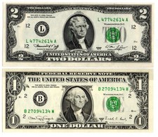 USA , 2 banconote da 1 e 2 dollari , nuove in perfetto stato , vedi foto