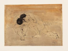 MARIO RUSSO - lottatori -  china su carta 1962 -  firmato - certificato da asta