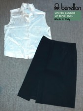 BENETTON Completo CAMICIA BIANCA in RASO Smanicata + GONNA NERA Spacco - 40 XS/S