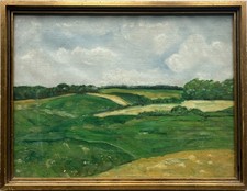 Olio impressionista anonimo ampio paesaggio estivo con campi 32,5 x 42,5 cm