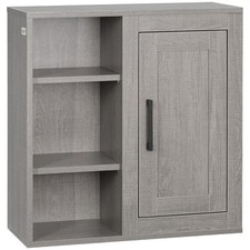 kleankin Pensile Bagno 3 Ripiani Aperti e Armadietto in Legno 48x20x50cm Grigio